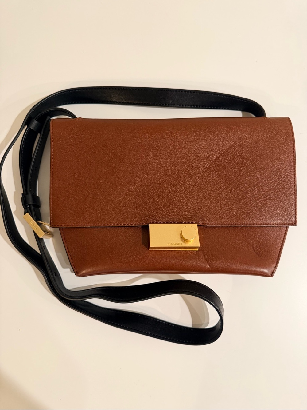 AllSaints Brown Leather Crossbody with Black Strap and Gold Hardware